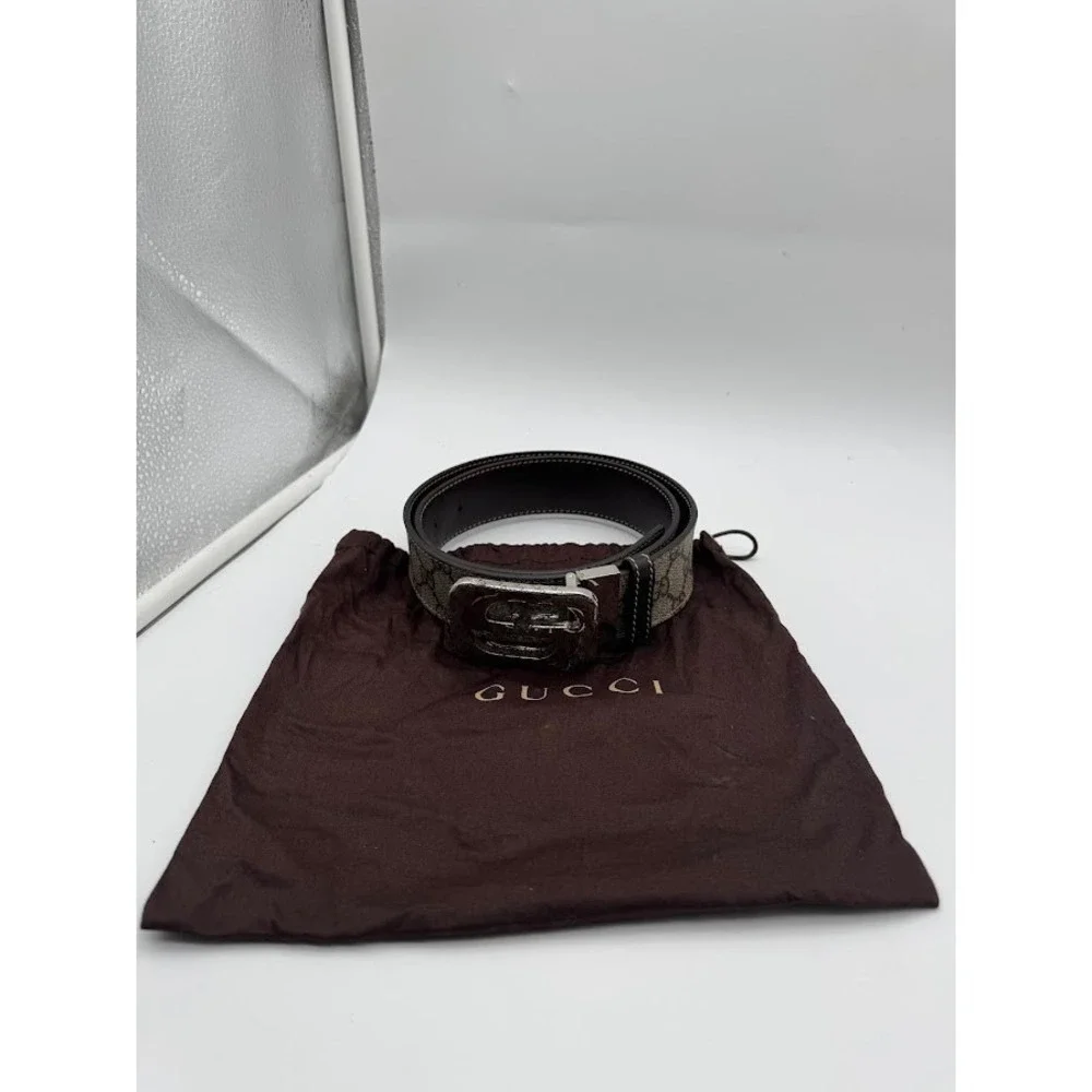 Gucci GG Supreme Canvas Interlocking G Buckle Belt Brown Leather 223891 Size 34
